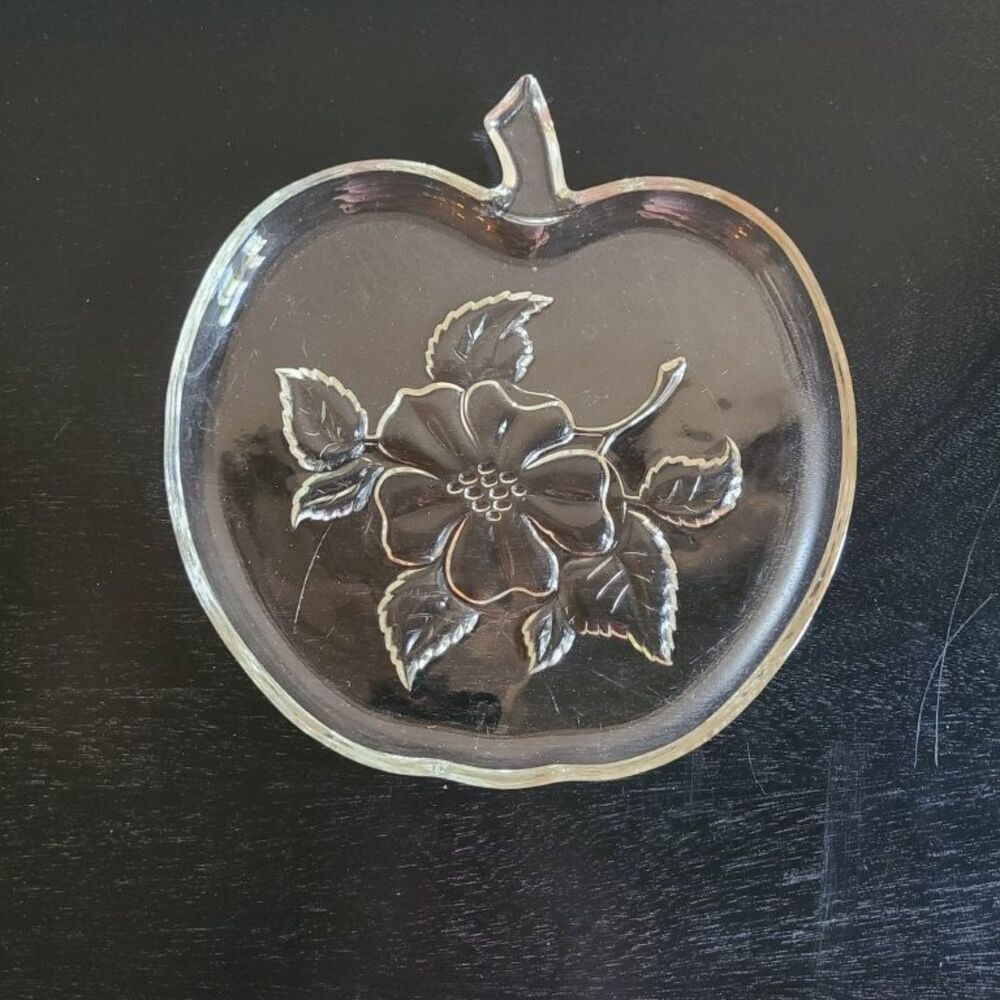 VTG Apple Shaped Glass Plate Floral Etched Clear Snack Dish 6.5” Candy Trinket